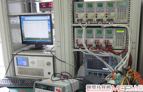 我们以人工测试方法为主，自动化测试为辅，使用八台Chroma 63103产生负载，Chroma 6530产生AC输入，并用安捷伦34410A数字万用表手工测量，进行电压补偿。