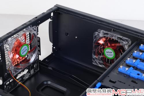 标配后置风扇和顶部风扇,其实顶部还可以再开一个12cm或14cm风扇位。 标配后置风扇和顶部风扇,其实顶部还可以再开一个12cm或14cm风扇位。