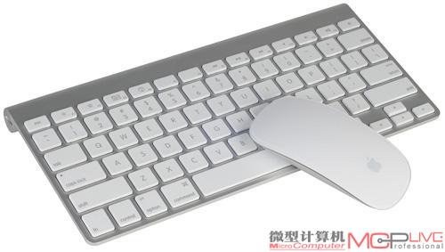 标配的Apple Wireless Keyboard键盘布局紧凑但手感一流；Apple Magic Mouse鼠标手感倒是一般，但是非常精致，而且支持多点触控操作。